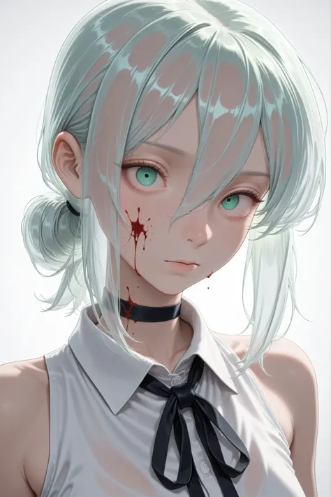 djm_up, transparent_hair, upper body, ribbon, black ribbon, looking at viewer, reze (chainsaw man), white shirt, green eyes, sleeveless, sleeveless shirt, hair between eyes, neck ribbon, short hair, black choker, medium hair, choker, shirt, solo, single ha...