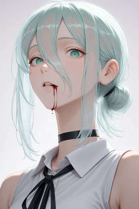djm_up, transparent_hair, upper body, ribbon, black ribbon, looking at viewer, blood from mouth, reze (chainsaw man), white shirt, green eyes, sleeveless, sleeveless shirt, hair between eyes, neck ribbon, short hair, black choker, medium hair, choker, shir...