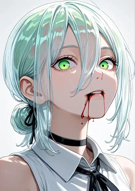 djm_up, transparent_hair, upper body, ribbon, black ribbon, looking at viewer, blood from mouth, reze (chainsaw man), white shirt, green eyes, sleeveless, sleeveless shirt, hair between eyes, neck ribbon, short hair, black choker, medium hair, choker, shir...