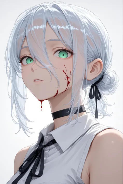 djm_up, transparent_hair, upper body, ribbon, black ribbon, looking at viewer, reze (chainsaw man), white shirt, green eyes, sleeveless, sleeveless shirt, hair between eyes, neck ribbon, short hair, black choker, medium hair, choker, shirt, solo, single ha...