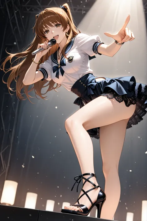 ogiso setsuna, microphone holding, smile, mouth open, ogiso setsuna\(white album 2\), 1girl, brown hair, brown eyes, long hair, (beauitful eyes, detailed eyes), ((masterpiece)), Top Quality, very detailed, concert stage, spotlight, medium breasts, solo fem...