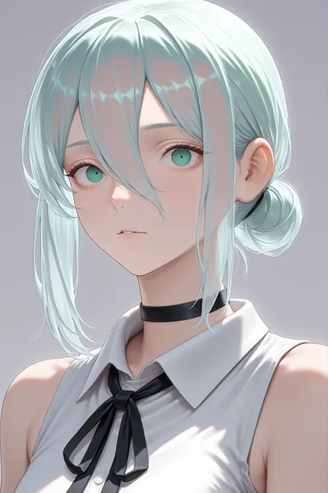 djm_up, transparent_hair, upper body, ribbon, black ribbon, looking at viewer, reze (chainsaw man), white shirt, green eyes, sleeveless, sleeveless shirt, hair between eyes, neck ribbon, short hair, black choker, medium hair, choker, shirt, solo, single ha...