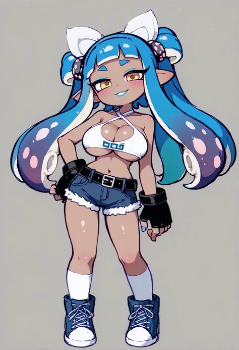 nsfw、masterpiece、high definition、Highest Quality、Slightly strong contrast、sd character、deformed、from above、1 cute Splatoon girl、Inkling、Full Body、brown skin、detailed face、beautiful faces、big round eyes、beautiful eyes、golden eyes、long eyelashes、pink eye mak...