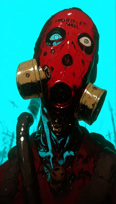 , masterpiece, the best quality, amazing quality, very aesthetic, an extremely high resolution, War song,Cuerbo, high contrast mini tube,red ,blue,yellow,zombie,Throat,gas mask,oxygen pipe