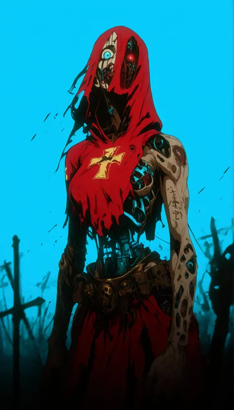 , masterpiece, the best quality, amazing quality, very aesthetic, an extremely high resolution, War song,Cuerbo, high contrast mini tube,red ,blue,yellow,zombie,ojos verdes y bluees,