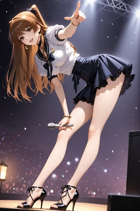 ogiso setsuna, microphone holding, smile, mouth open, ogiso setsuna\(white album 2\), 1girl, brown hair, brown eyes, long hair, (beauitful eyes, detailed eyes), ((masterpiece)), Top Quality, very detailed, concert stage, spotlight, medium breasts, solo fem...
