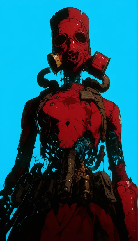 , masterpiece, the best quality, amazing quality, very aesthetic, an extremely high resolution, War song,Cuerbo, high contrast mini tube,red ,blue,yellow,zombie,Throat,gas mask,(oxygen pipe),exposed lungs