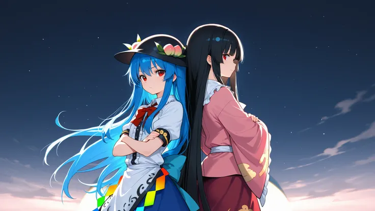 houraisan kaguya,hinanawi tenshi,, standing very close back to back, arms crossed, partner image