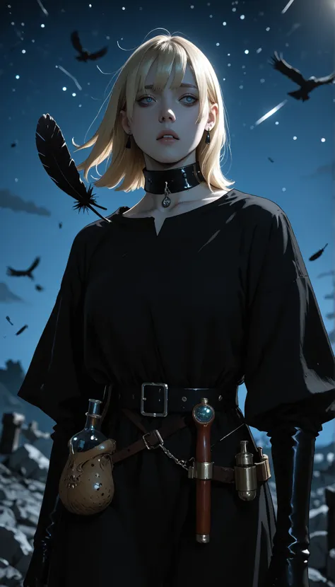 , masterpiece, the best quality, amazing quality, very aesthetic, an extremely high resolution, War song,Cuerbo,black feathers,In the night sky,high contrast mini tube, illuminated, 1 girl, lilisen, medium hair, blond hair, earrings, black dress, black tun...