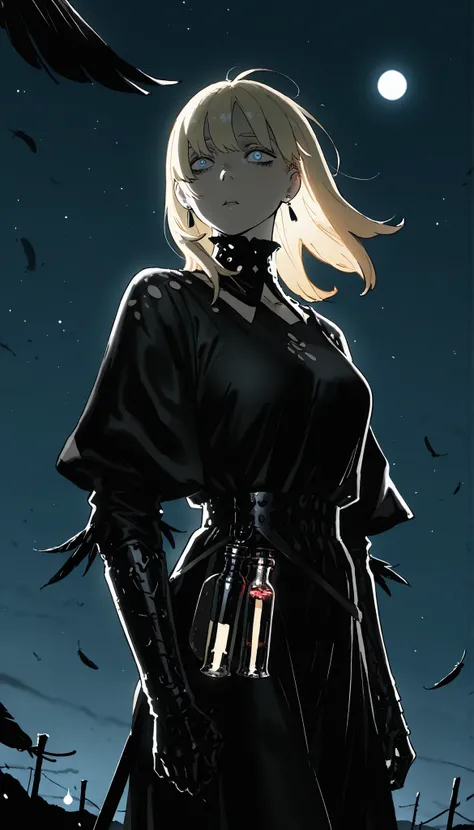 , masterpiece, the best quality, amazing quality, very aesthetic, an extremely high resolution, War song,Cuerbo,black feathers,In the night sky,high contrast mini tube, illuminated, 1 girl, lilisen, medium hair, blond hair, earrings, black dress, black tun...