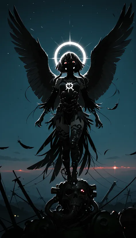 , masterpiece, the best quality, amazing quality, very aesthetic, an extremely high resolution, War song,Cuerbo,black feathers,In the night sky,high contrast mini tube, illuminated