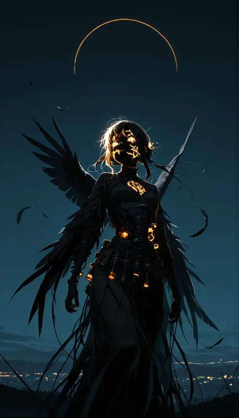 , masterpiece, the best quality, amazing quality, very aesthetic, an extremely high resolution, War song,Cuerbo,black feathers,In the night sky,high contrast mini tube, illuminated