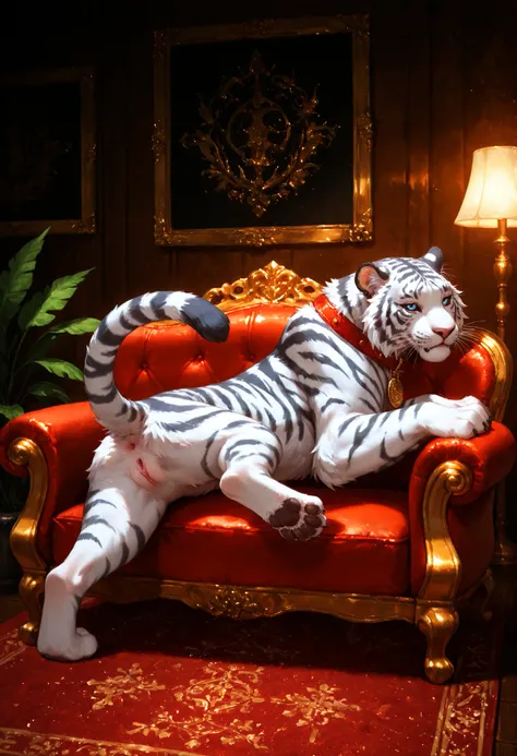 solo, female, feral large tiger mount, quadruped, large body, female, fur tuff, black sclera, white iris, bioluminescence, tail, asshole, collar, black feline pussy, facing viewer, full body view, intricate details, cinematic lighting, elegant interior, lu...