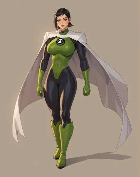 {{masterpiece, ultra-high quality, professionally detailed, professionally shaded}}, 1girl, short hair,black hair, cape,solo,big breasts, thick thighs, wide hips, slim waist, white cape, superhero bodysuit, black bodysuit, green eyes, ben10, white cape, gr...