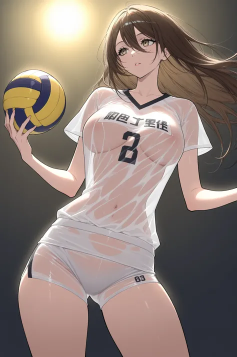 Nuddy Poli,Female Volleyball,beige see-through uniform,Innerless ，no bra， future， future， future，Stylish Background Lighting，Vivid Lighting,