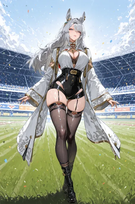 racecourse、Racecourse、Uma Musume、horse ear、Jirio Mahonoko、 A sophisticated eye 、Full Body、GBF_style、748cm style、32K、semi-realistic、 super detailed description on the front 、art work、Original Work、 Detailed Color、 detailed eyes、 detailed face 、Detailed Eye...