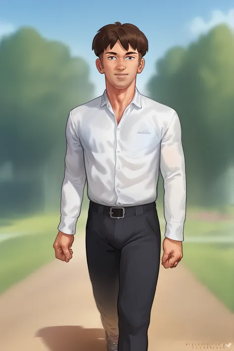 Boy, brown hair, hair slickback, fit body, wearing a white dress shirt, black pants, is walking, alone 