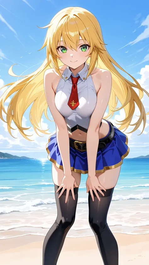 masterpiece,best quality,highre,ultra-detailed,detailed illustration,source_anime,1girl,solo,slender,Noel Vermillion,blonde hair,bangs,long hair,green eyes,white shirt,no sleeves,red necktie,short necktie,midriff,belt,blue skirt,miniskirt,black thighhighs,...