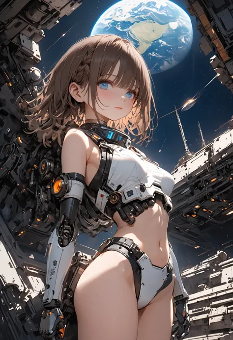 ((The Forgotten Woman Android))，((cowboy shot))，((from below:1.2)),abandoned space station,Rubble on One Side，ruins，woman standing with her eyes open android,Night sky with a view of the big Earth,Blue Earth，astronauts standing up，sad expression，Brilliant ...