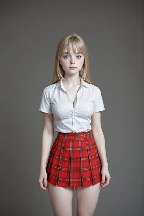 A (gorgeous young woman:1.4) standing in front of a grey background, studio photoshoot, in perfect lighting, frontal portrait, 3/4 shot, centered framing, neutral background, minimalism.
(Dirty blonde hair:1.2), (perfect hair:1.3), shinny hair, (bangs:1.3...