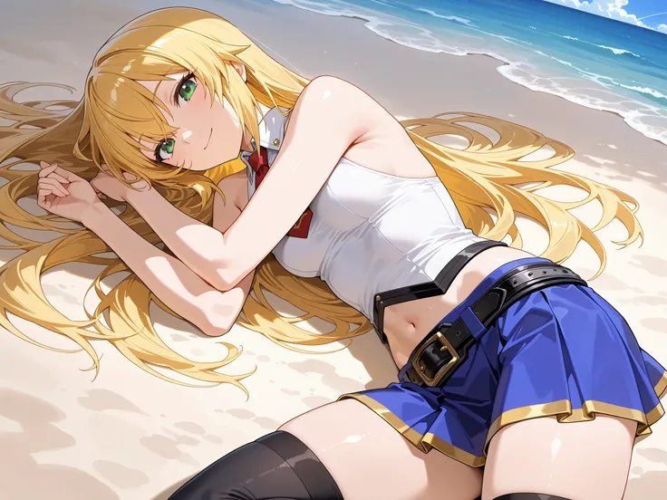 masterpiece,best quality,highre,ultra-detailed,detailed illustration,source_anime,1girl,solo,slender,Noel Vermillion,blonde hair,bangs,long hair,green eyes,white shirt,no sleeves,red necktie,short necktie,midriff,belt,blue skirt,miniskirt,black thighhighs,...