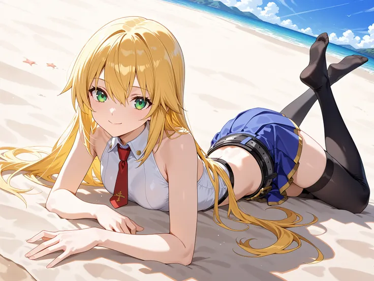 masterpiece,best quality,highre,ultra-detailed,detailed illustration,source_anime,1girl,solo,slender,Noel Vermillion,blonde hair,bangs,long hair,green eyes,white shirt,no sleeves,red necktie,short necktie,midriff,belt,blue skirt,miniskirt,black thighhighs,...