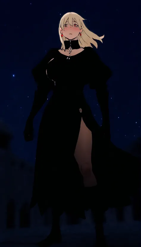 , masterpiece, the best quality, amazing quality, very aesthetic, an extremely high resolution, War song,Cuerbo,black feathers,In the night sky,high contrast mini tube, illuminated, 1 girl, lilisen, medium hair, blond hair, earrings, black dress, black tun...