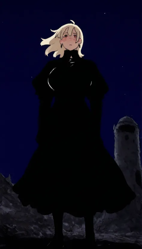 , masterpiece, the best quality, amazing quality, very aesthetic, an extremely high resolution, War song,Cuerbo,black feathers,In the night sky,high contrast mini tube, illuminated, 1 girl, lilisen, medium hair, blond hair, earrings, black dress, black tun...