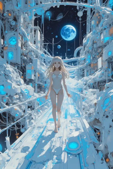 A swimsuit in the near future、 , slides down a translucent slide、Research focusing on  , the Earth can be seen with high photorealistic detail in the background , Stars and moons surrounding her   , slides twists around a futuristic trajectory The transluc...
