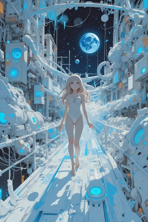 ,,,white theme, dreamlike quality , quiet introspection , soft baige, cream tones,,,,A swimsuit in the near future、 , slides down a translucent slide、Research focusing on , the Earth can be seen with high photorealistic detail in the background , Stars an...