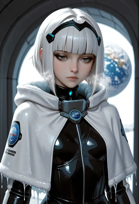 masterpiece, best quality, absurdres, 8k, ultra-detailed CG, PersonalAmi style, girl emerges from cryo-pod, Cryonics, icy chamber, sci-fi space station, ((inside cryogenic pod leaking blue-tinted vapor, frost, cold mist, visible breath, ice)), ((Earthrise,...