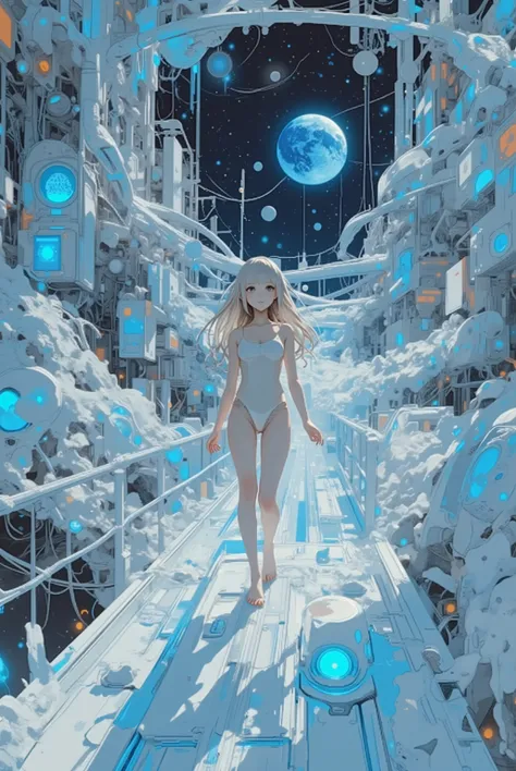 ,,,white theme, dreamlike quality , quiet introspection , soft baige, cream tones,,,,A swimsuit in the near future、 , slides down a translucent slide、Research focusing on , the Earth can be seen with high photorealistic detail in the background , Stars an...