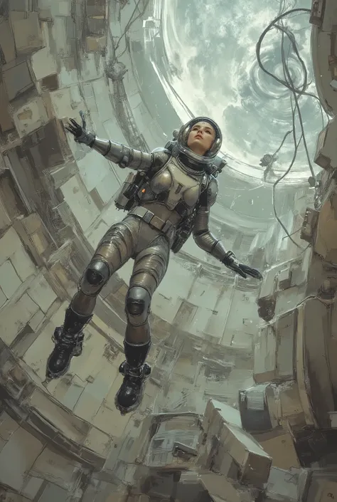 Retrofuturistic、A woman in a spacesuit is swimming in the air inside an abandoned space station、A lot of things are floating、 cool composition、The inside of the space station has a simple structure based on white