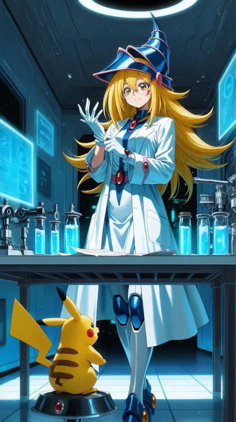 high quality, anime style, 4k, masterpiece, Forbidden laboratory image, a huge laboratory, cyberpunk, a floating holographic screen of complex information, the entire laboratory illuminated by numerous white lights that fall from the ceiling. Darck magicia...