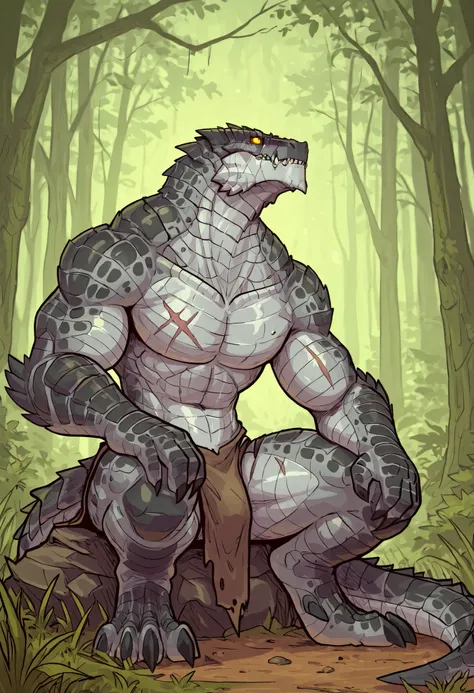 1male, solo, anthro, lizardfolk, anthro dragon lizard, solo, scaly, detailed scales, experienced predator, black scales, matte body, torso is well-defined and muscular, body robust and powerful, massive arms, detailed scales, scars on body and head, thick ...