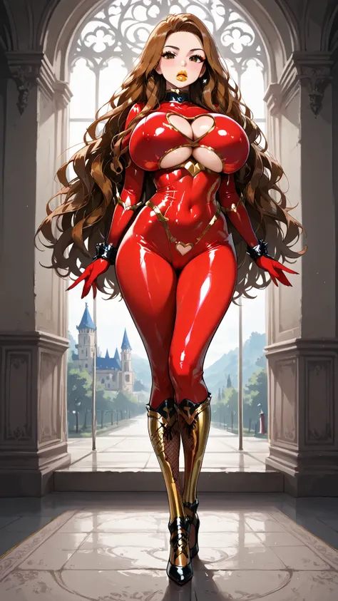 Hermione Granger,HyperBimbo, narrow waist, thicc body, front view, looking at viewer, makeup , strong lipliner , heavy red eyeliner , false eyelashes, lip gloss, gold lipstick, huge lips, lip filler, bimbo lips, super long nails, cleavage, gloves, red glo...