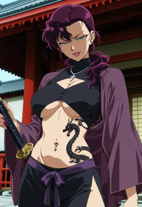 Ikumi Souda,purple hair,long hair,lipstick,green eyes, medium breasts,
, nail polish, ear piercing, long hair, , lipstick, Hot girl, baddie,, sensual, attractive ,choker , cross necklace, tongue piercing ,tongue out, open mouth, jewelry, outdoor, japanese...