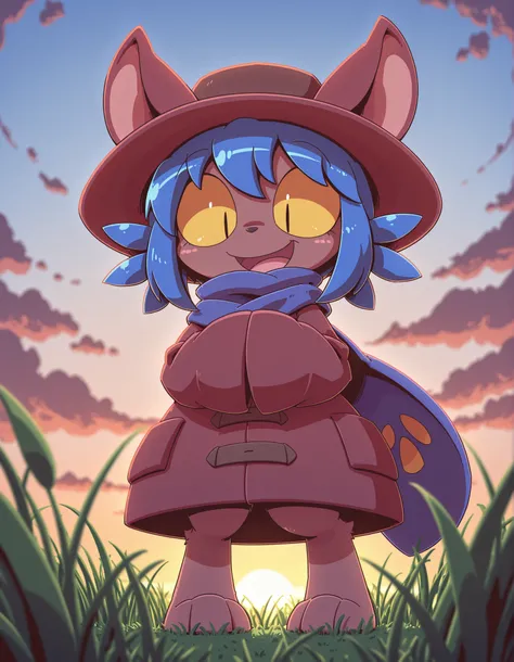 nettsuu_style,, furry, nettsuu_style, (solo:1.2), anthro, domestic cat, (niko (oneshot):1.5), slit pupils, blue hair, blue scarf, brown coat, brown hat, full body, ambiguous gender, coat, oversized coat, hands covered, (digitigrade:1.3), standing, smile, o...