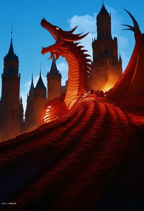 dibujo a mano,giant tower,imperial castle with several towers, red dragon ,giant scaled dragon