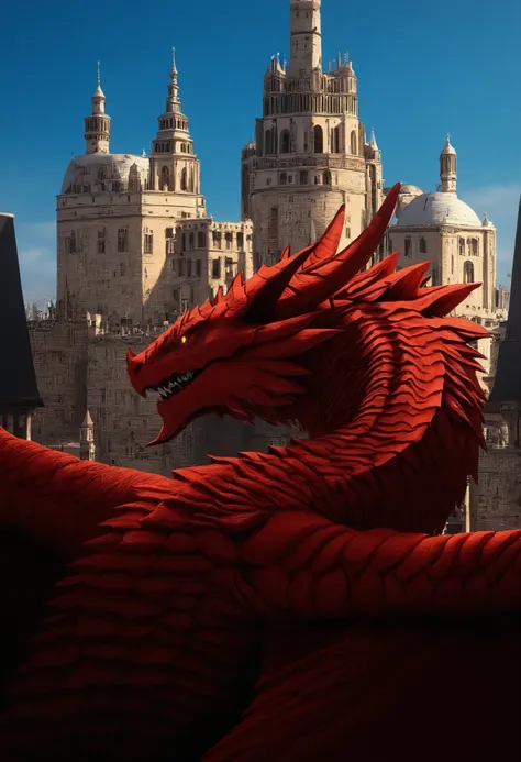 dibujo a mano,giant tower,imperial castle with several towers, red dragon ,giant scaled dragon