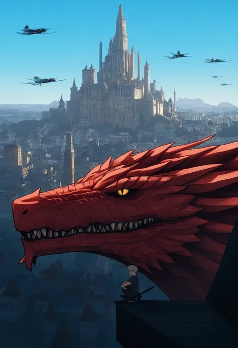 dibujo a mano,giant tower,imperial castle with several towers, red dragon ,giant scaled dragon, a child,with hanging legs ,sitting on a ledge,height,Japanese city, street lamp ,((montruo Flight en el cielo)),giant monster,Dragon gigante,alas,scales,(Flight...
