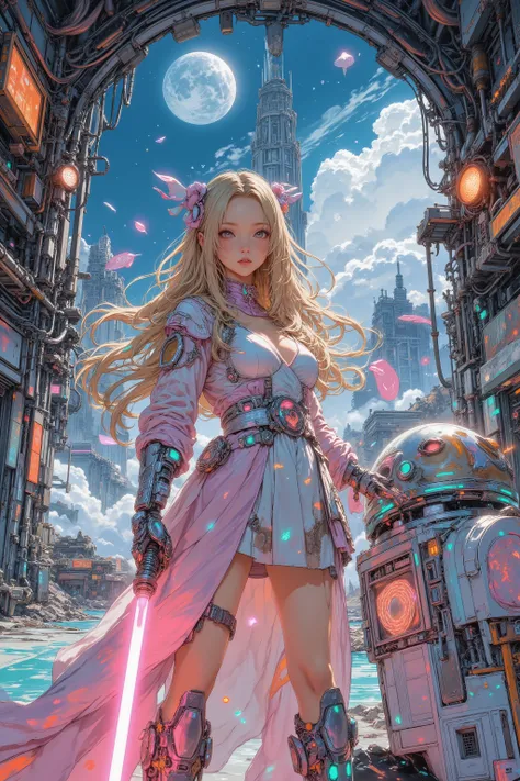 Ruined orbital station adrift in silent space, Earth distant and glowing. The derelict corridors bloom with Harajuku kawaii chaos: pastel neon lights, floating candy-shaped debris, oversized ribbons, plush toys drifting in zero‑gravity, holographic hearts ...