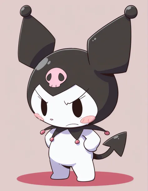 nettsuu_style, furry, solo, kuromi, feral, jester cap, dot eyes, skull print, tail, black eyes, chibi,, masterpiece, best quality, amazing quality