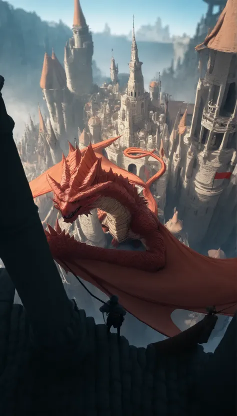 dibujo a mano,giant tower,imperial castle with several towers, red dragon ,giant scaled dragon,epic dinner,height,Medieval City, windows,flags on the cusp ,monster with open wings,giant monster,Dragon gigante,alas,scales, thick scales ,,(rolled up like a s...