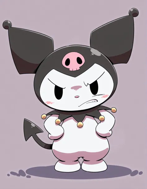 nettsuu_style, furry, solo, kuromi, feral, jester cap, dot eyes, skull print, tail, black eyes, chibi,, masterpiece, best quality, amazing quality