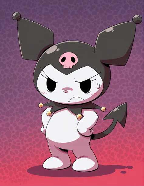 nettsuu_style, furry, solo, kuromi, feral, jester cap, dot eyes, skull print, tail, black eyes, chibi,, masterpiece, best quality, amazing quality