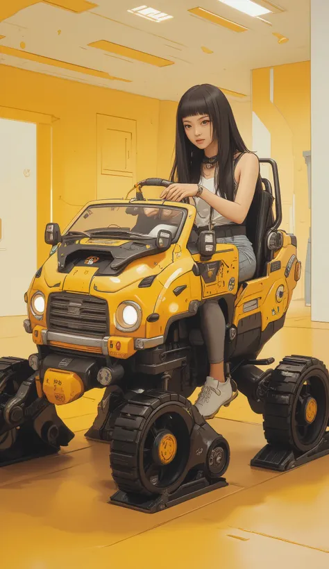 若く美しい日本人女性but創造的にデザインされた, of a mixture of cars and multi-legged robots I'm wearing a robot vehicle like. 乗り物は鮮やかな色but特徴です, suggestion, green, legwear on the back of the skirt. sitting 。ヘッドライトやグリルなどの車のような要素butあります, but、I can see the base from decorative sti...