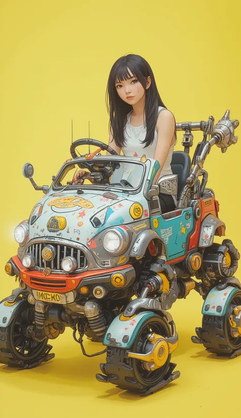 若く美しい日本人女性but創造的にデザインされた, of a mixture of cars and multi-legged robots I'm wearing a robot vehicle like. 乗り物は鮮やかな色but特徴です, suggestion, green, legwear on the back of the skirt. sitting 。ヘッドライトやグリルなどの車のような要素butあります, but、I can see the base from decorative sti...
