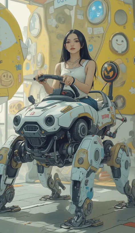 若く美しい日本人女性but創造的にデザインされた, of a mixture of cars and multi-legged robots I'm wearing a robot vehicle like. 乗り物は鮮やかな色but特徴です, suggestion, green, legwear on the back of the skirt. sitting 。ヘッドライトやグリルなどの車のような要素butあります, but、I can see the base from decorative sti...
