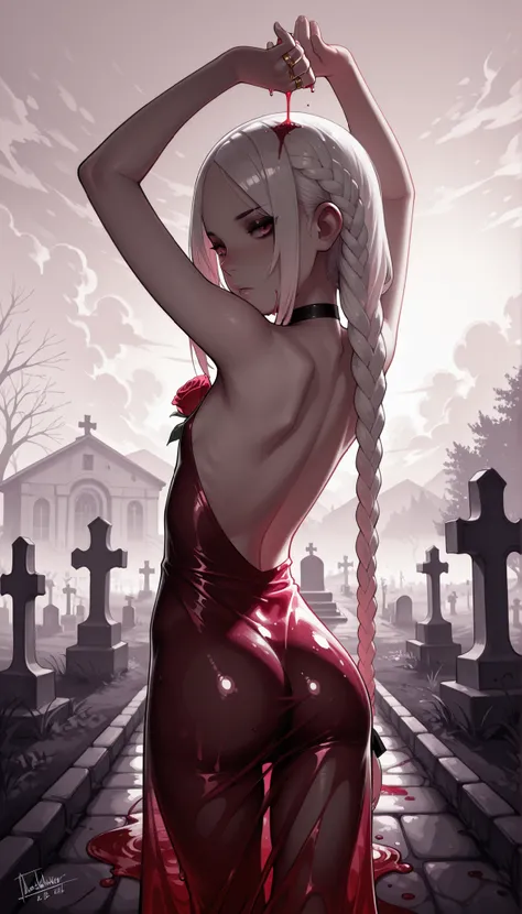 masterpiece, detailed_eyes, high_quality, best_quality, highres, absurdres, 8k, 1girl, young model, tiny mesugaki, ((liquid gown, dress made out of wine, blood dress, rose corsage, transparent clothes)), backless dress, (forehead), pale skin, pale girl, wh...